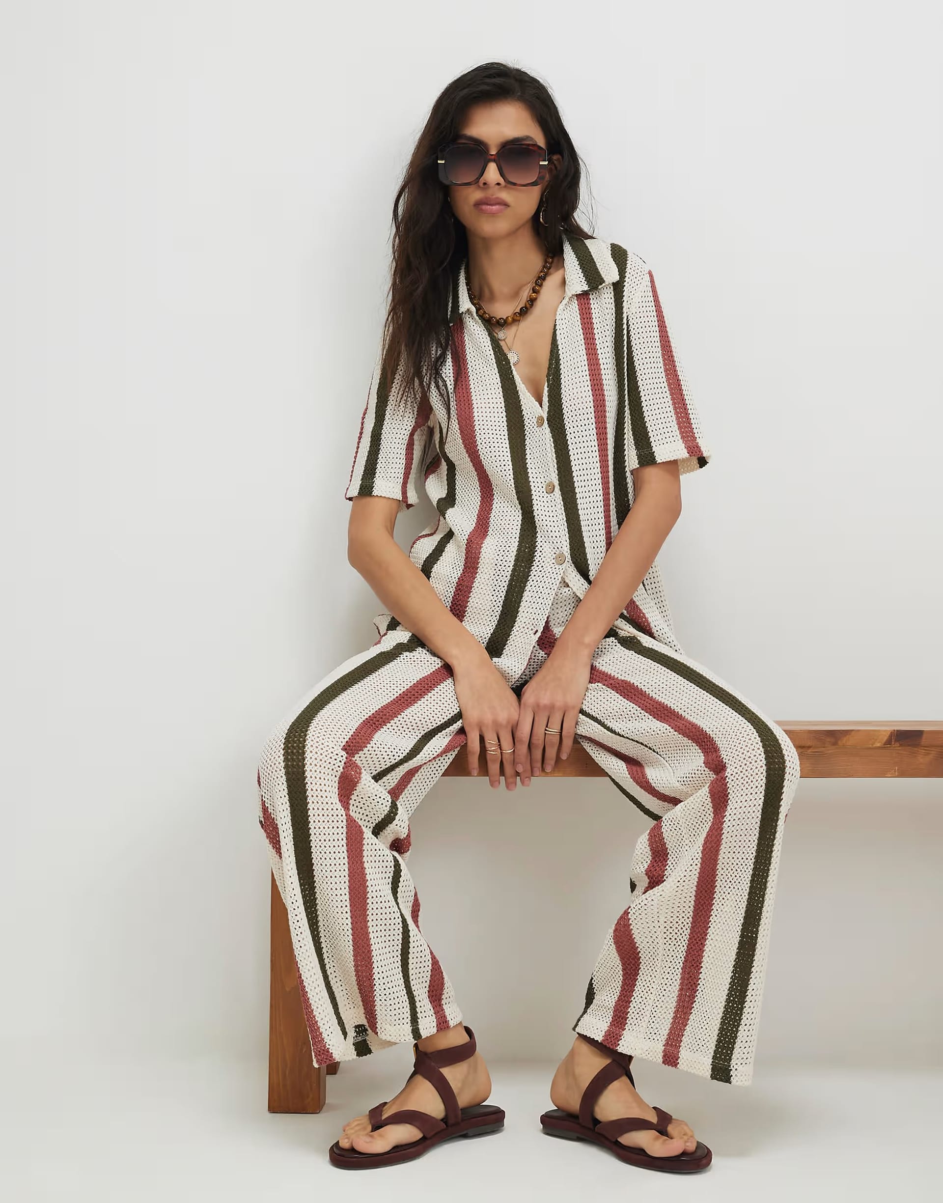 River Island Cream Crochet Stripe Shirt and Trousers Set