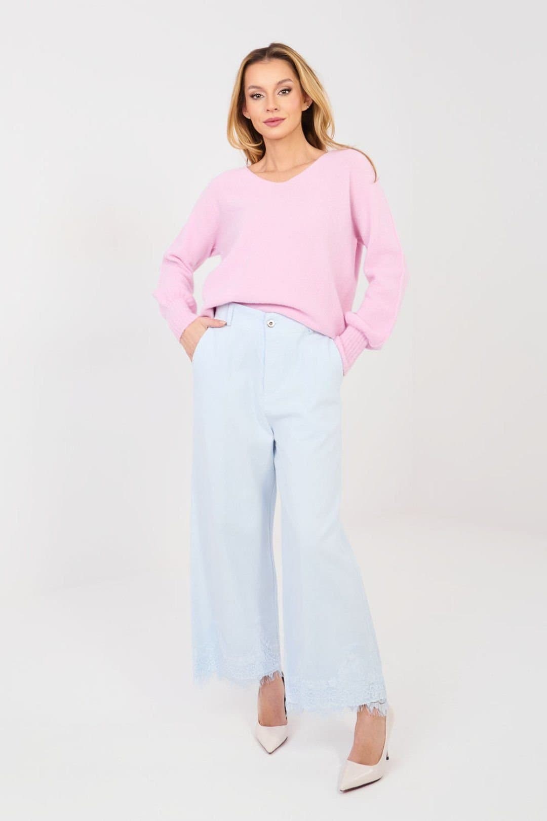 Love Lace Love Lace Women's High Waist Wide Leg Jeans with Lace Hem Style 223940 in Blue