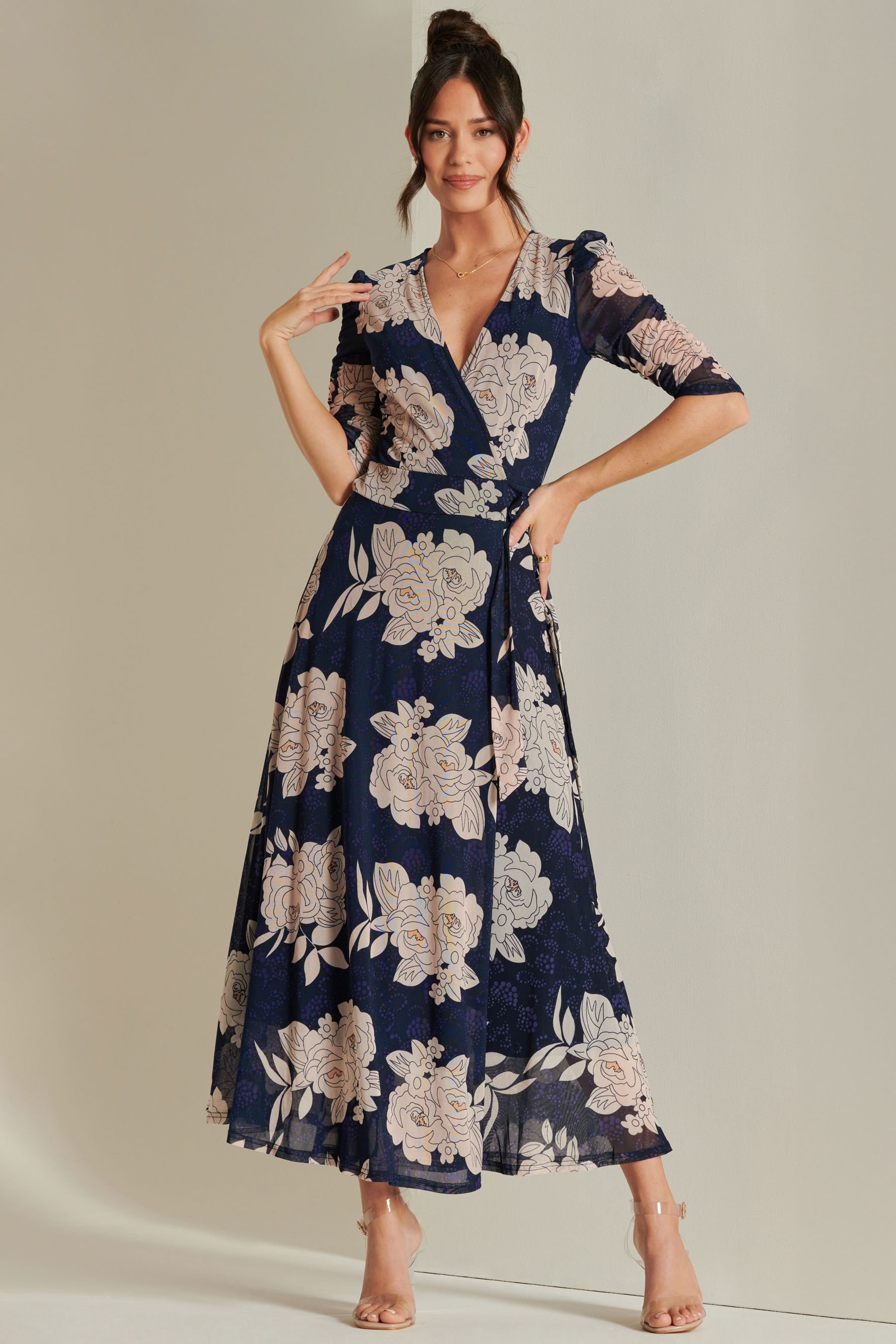 Jolie Moi Jolie Moi Women's Daliyah Wrap Front Mesh Maxi Dress in Navy - 2