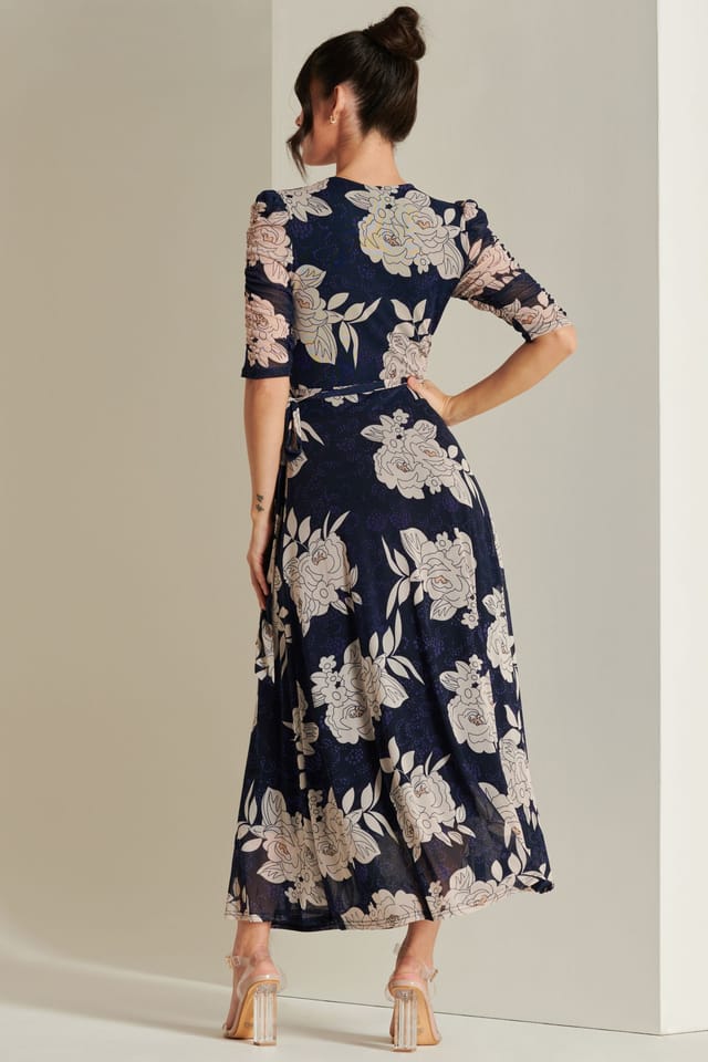 Jolie Moi Jolie Moi Women's Daliyah Wrap Front Mesh Maxi Dress in Navy - 2