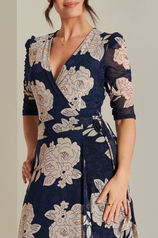 Jolie Moi Jolie Moi Women's Daliyah Wrap Front Mesh Maxi Dress in Navy - 3