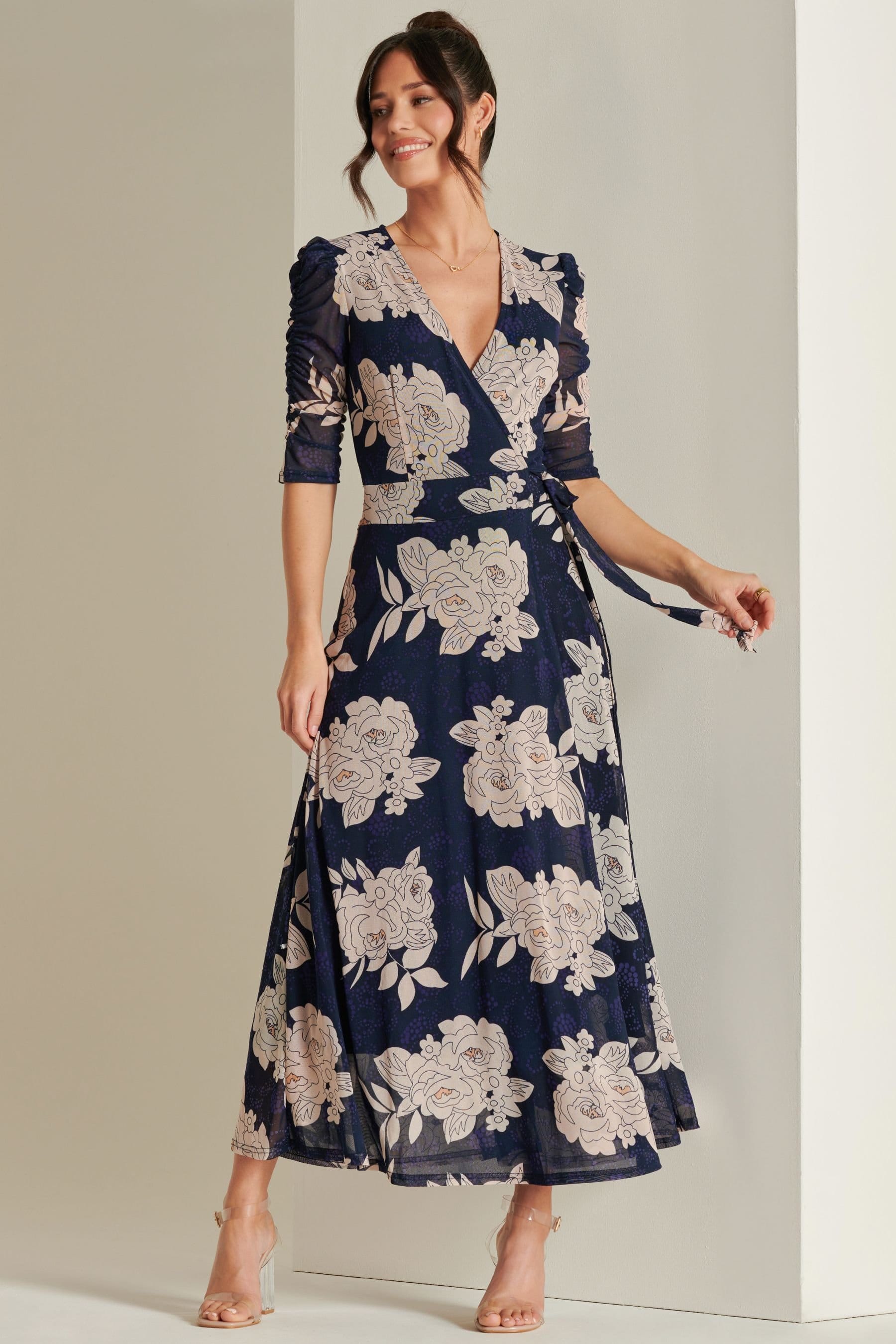 Jolie Moi Jolie Moi Women's Daliyah Wrap Front Mesh Maxi Dress in Navy - 4