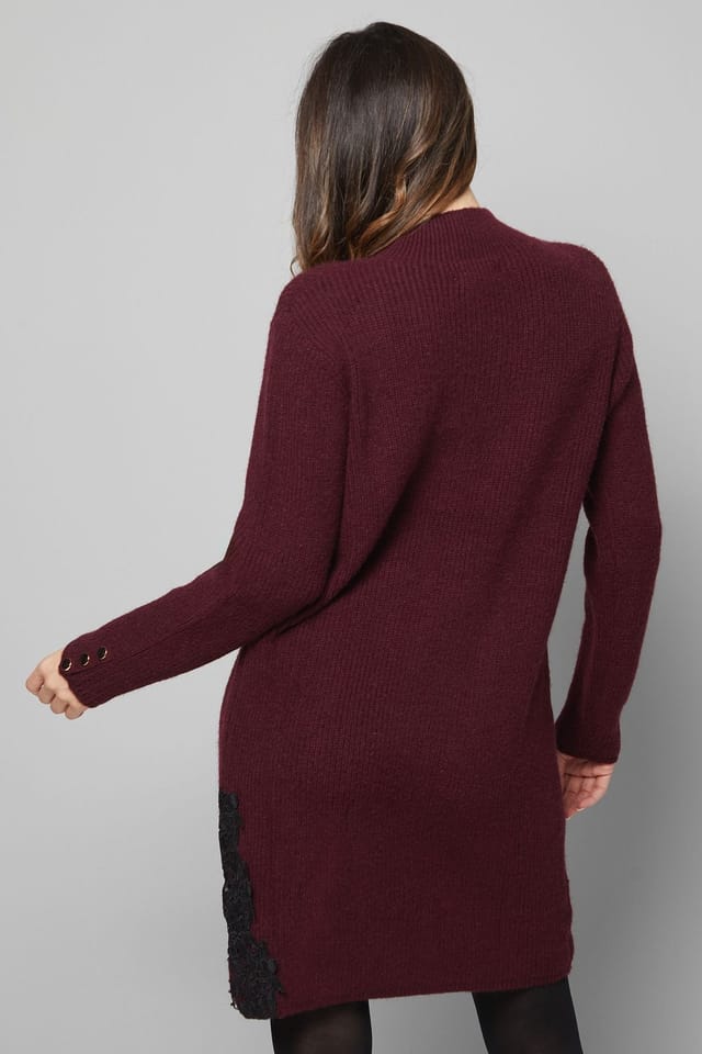 Wallis Wallis Women's Lace Detail Ribbed Knitted Dress in Wine - 3