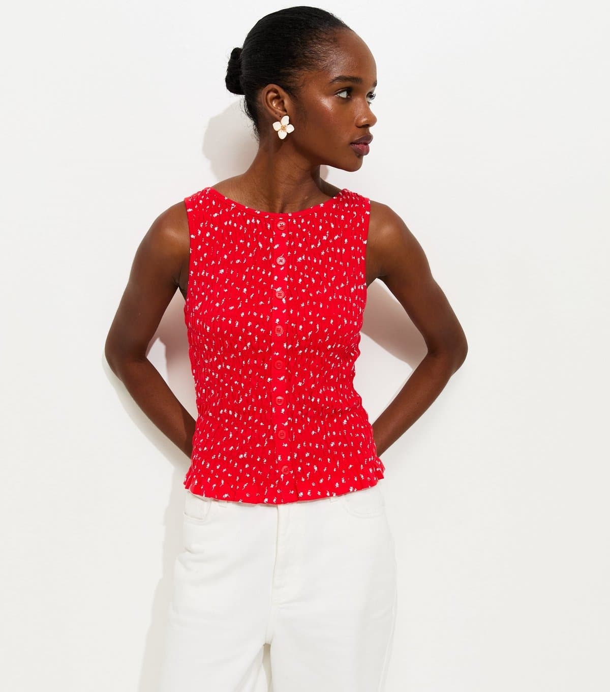 New Look Women's Red Floral Shirred Button Through Top New Look