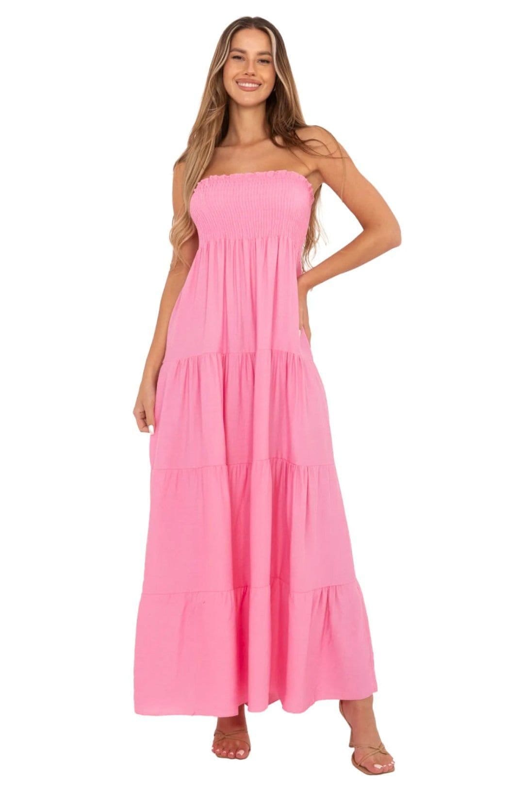Love Lace Women's Summer Flared Maxi Dress Linen Viscose in Pink