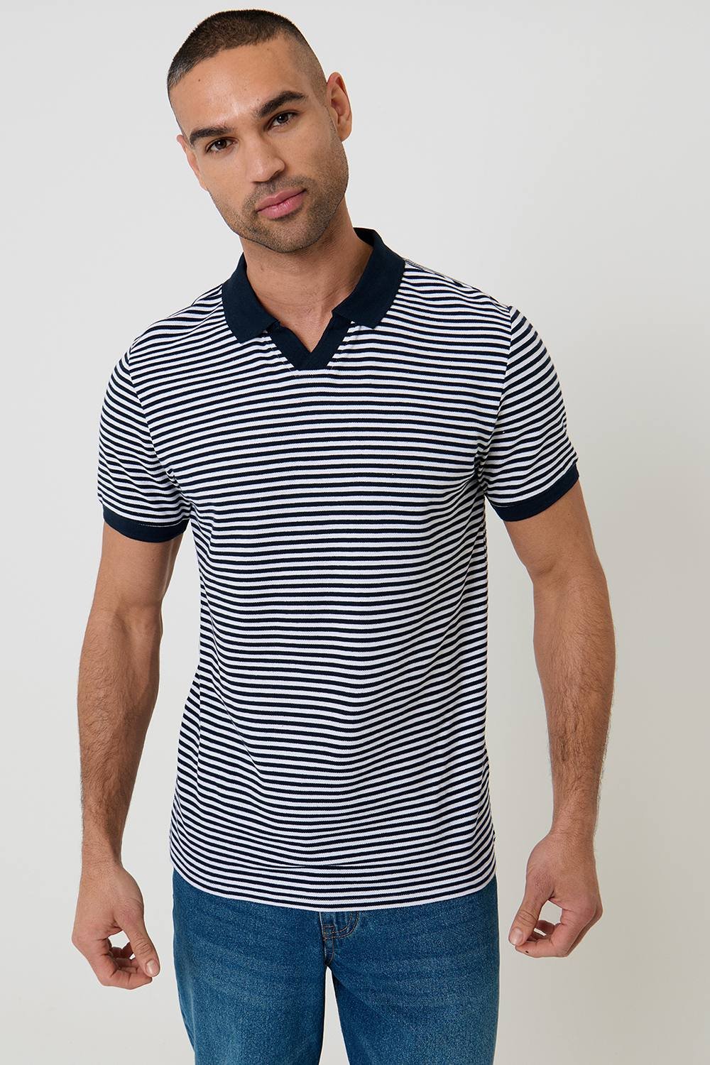 Threadbare Threadbare Men's 'Domino' Revere Collar Striped Pique Polo in Navy - 3