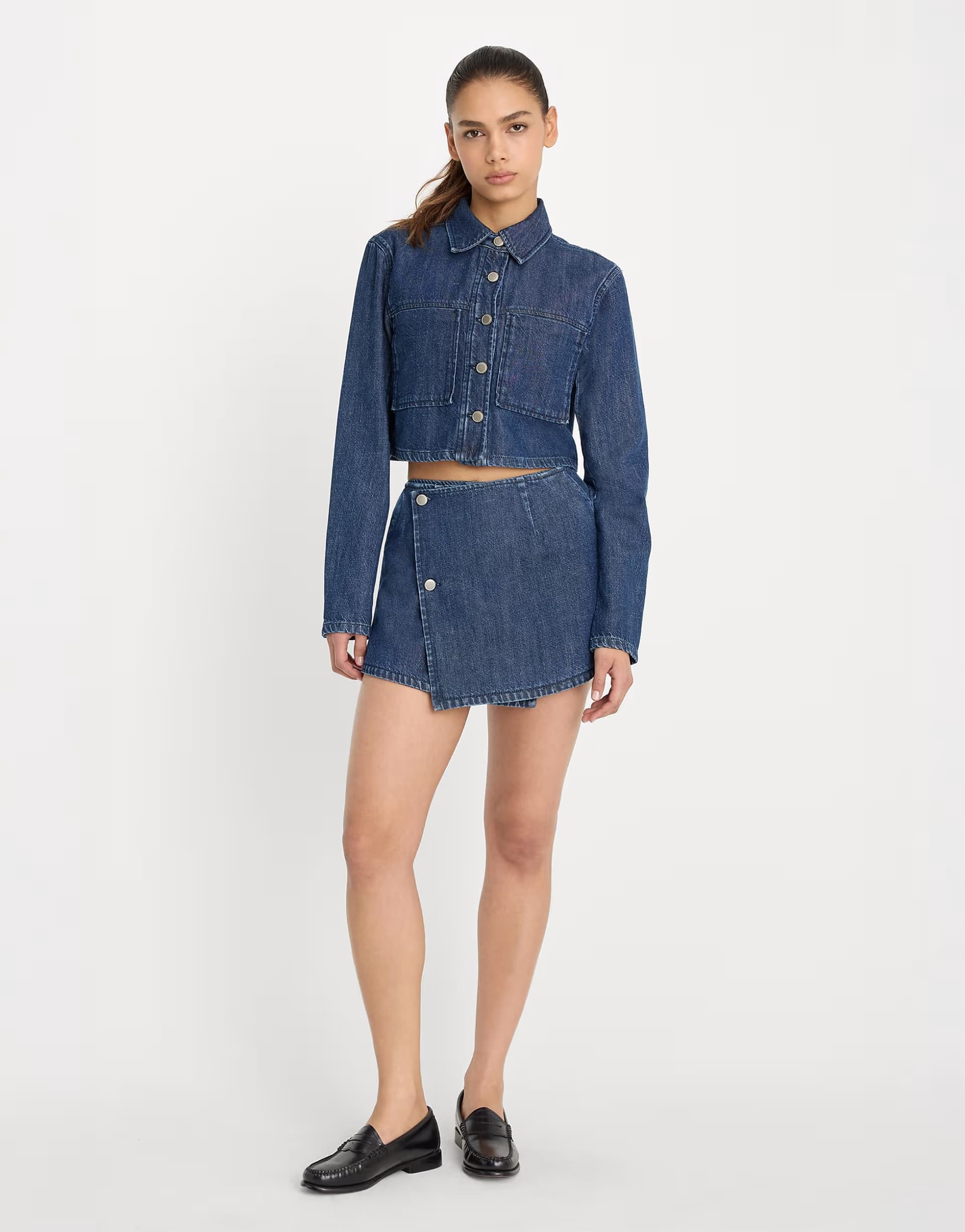 ASOS Good American denim fold over button skort in dark blue wash