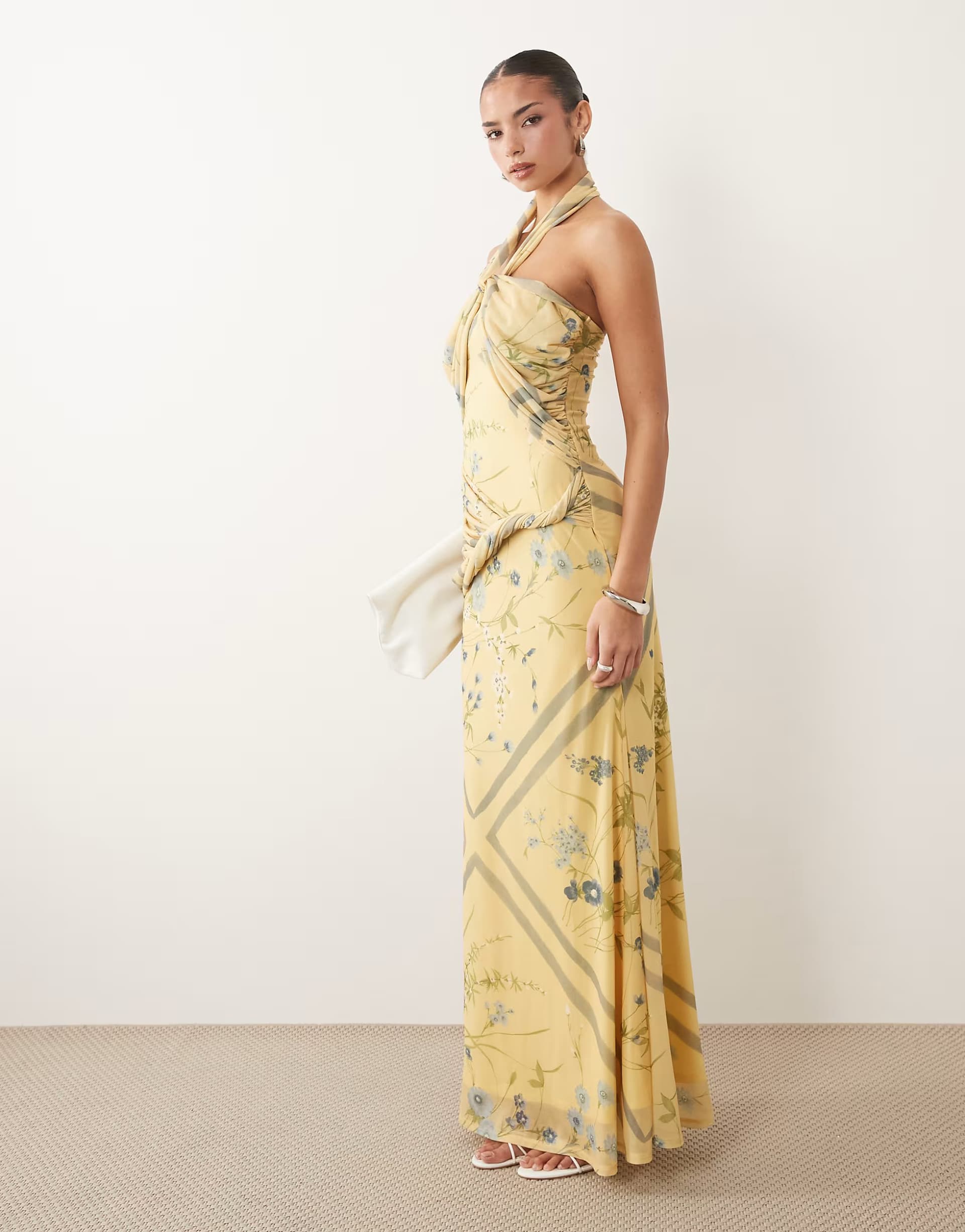 ASOS ASOS DESIGN drape detail halterneck floral maxi dress in yellow