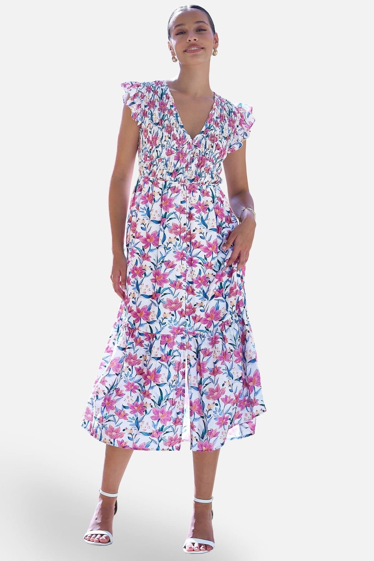 Yumi Yumi Women's White Viscose Floral Ruched Waist Midi Dress