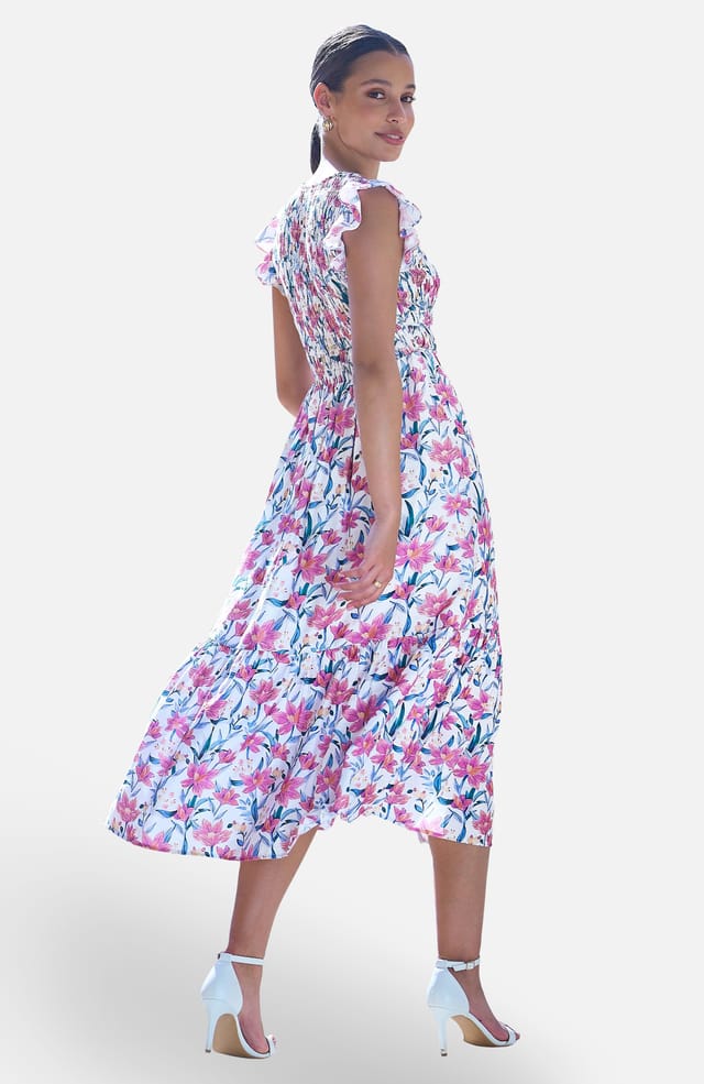 Yumi Yumi Women's White Viscose Floral Ruched Waist Midi Dress - 2