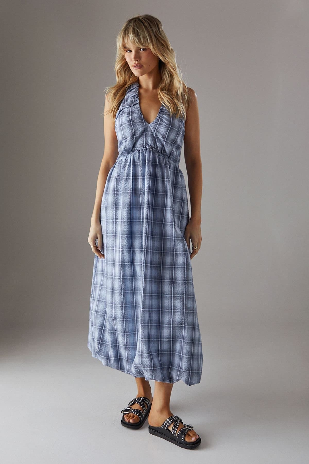 Warehouse Warehouse Women's Check Halter Open Back Puff Ball Midi Sundress in Baby Blue