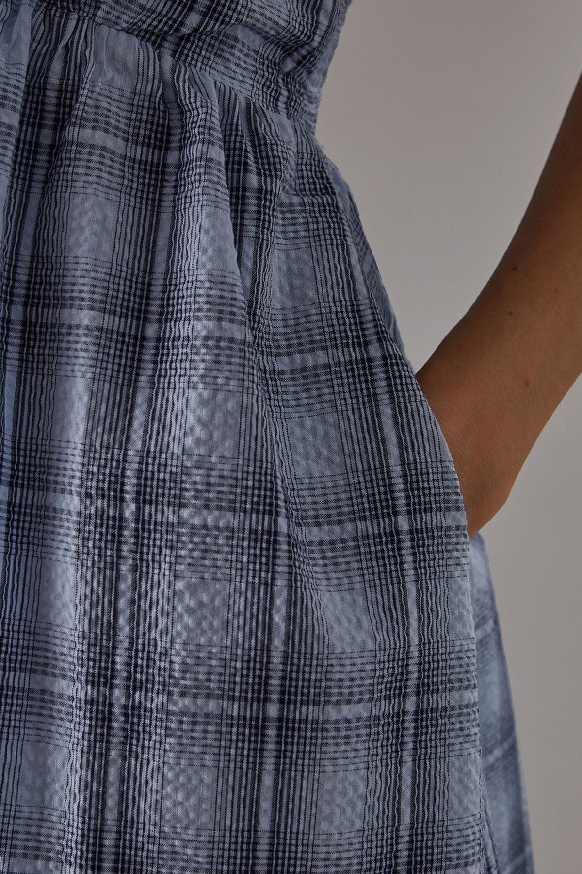 Warehouse Warehouse Women's Check Halter Open Back Puff Ball Midi Sundress in Baby Blue - 4