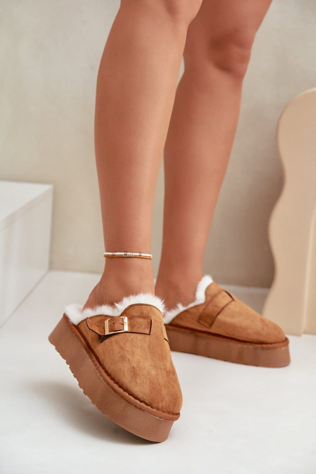 Love Lace Love Lace Women's Thick Sole Insulated Fur Slippers with Gold Buckle Strap in Brown
