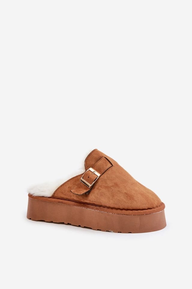 Love Lace Love Lace Women's Thick Sole Insulated Fur Slippers with Gold Buckle Strap in Brown - 2