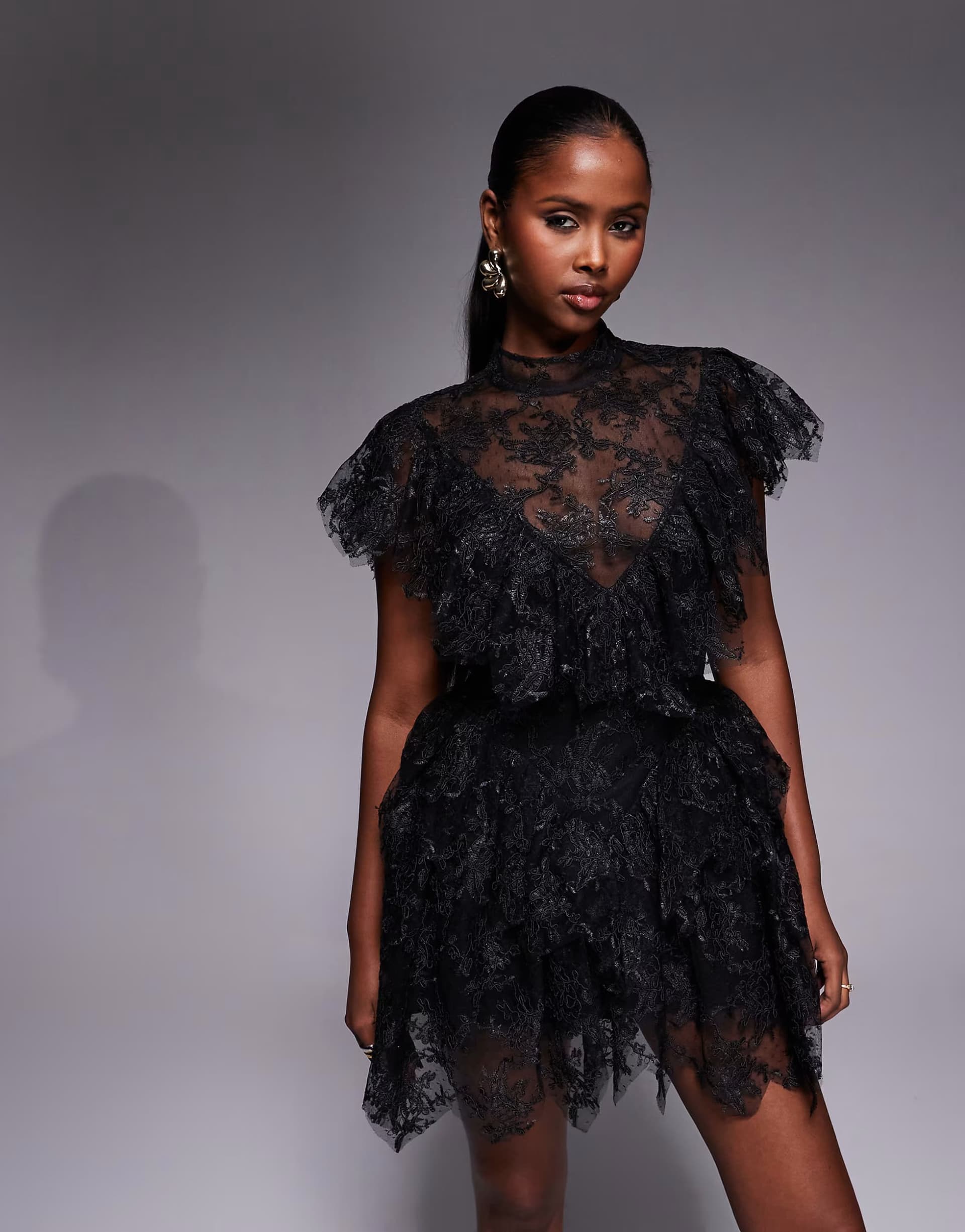 ASOS Bardot Tarryn high neck lace ruffle detail scalloped hem mini dress in black