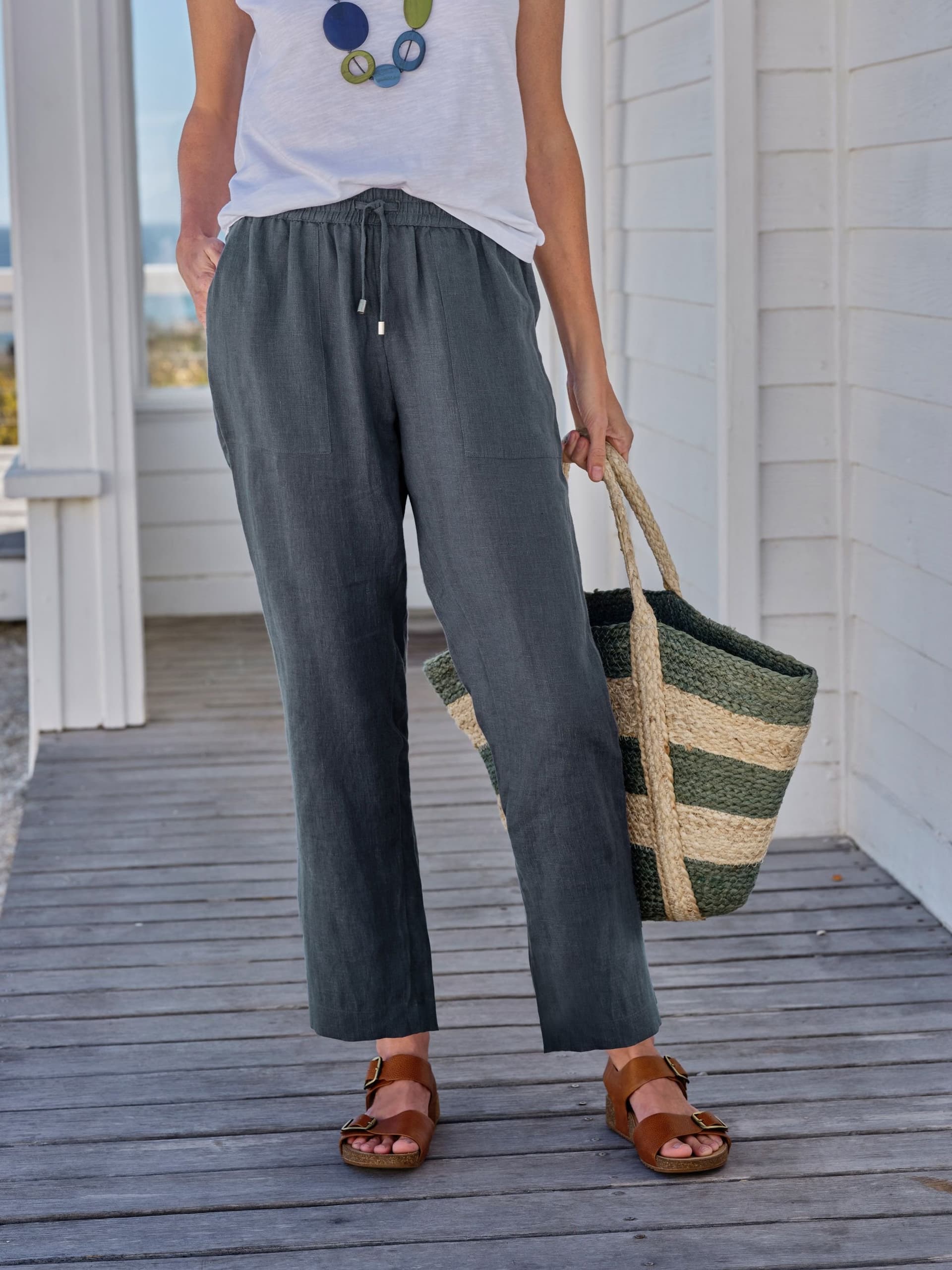 WoolOvers WoolOvers Women's Tapered Leg Linen Trousers in Blue