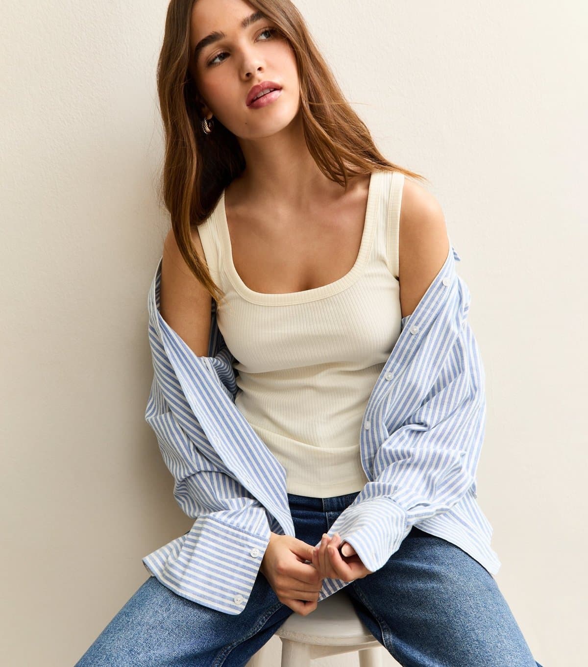 New Look New Look Cream Square Neck Ribbed Vest Top