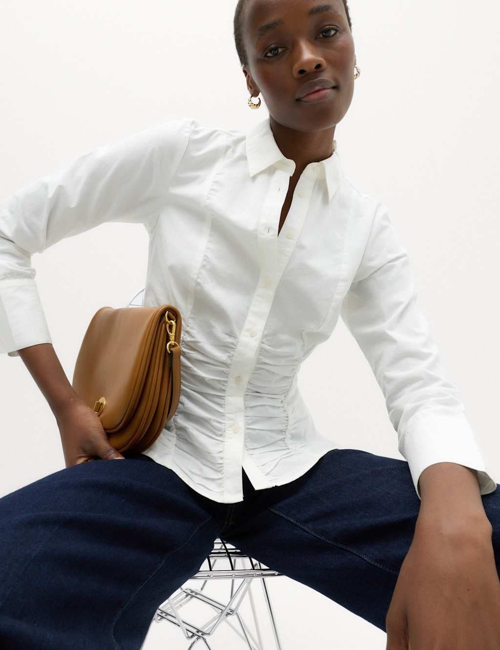 Marks & Spencer M&S Pure Cotton Ruched Detail Shirt White