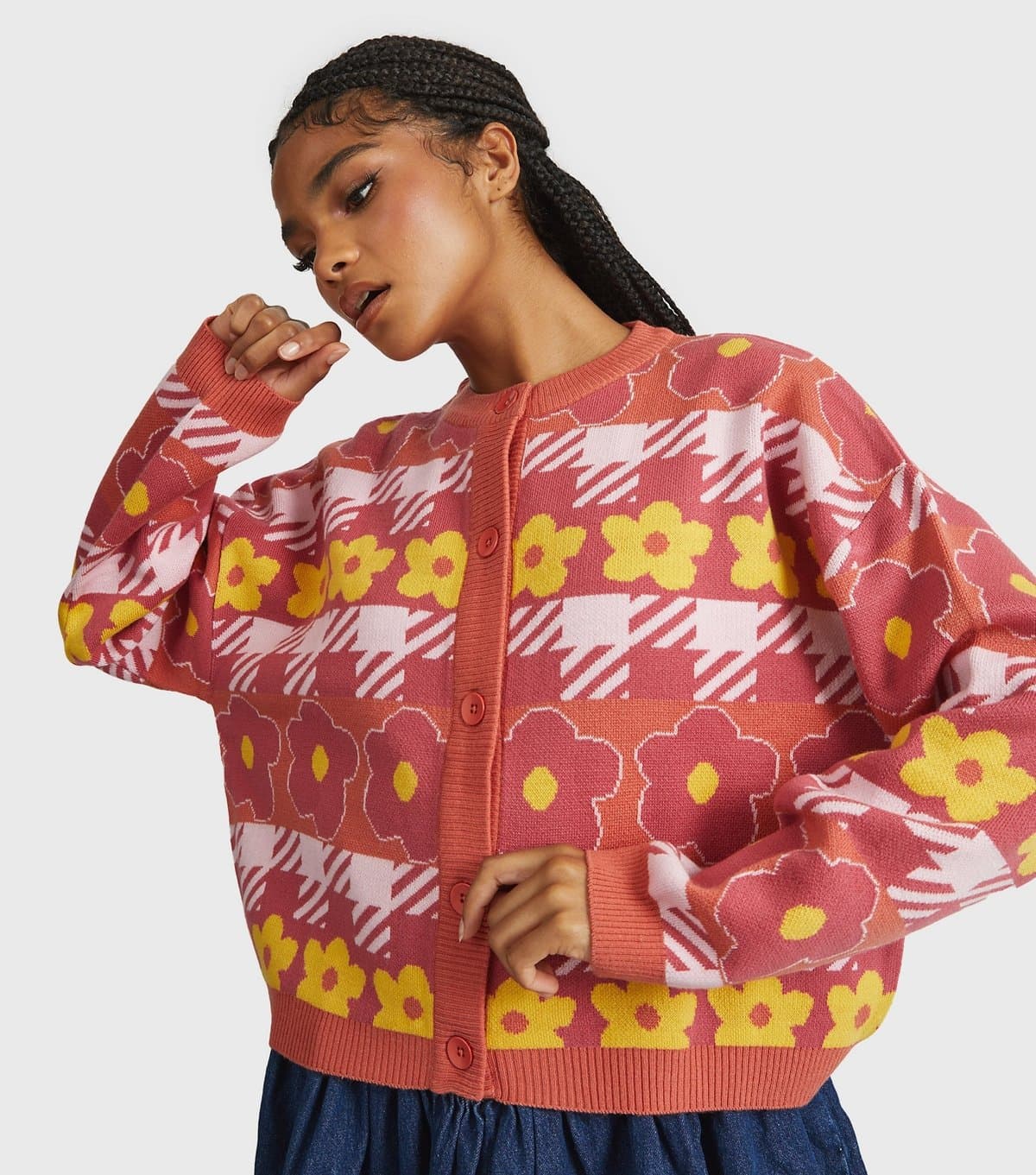 Skinnydip Women's Orange Floral Check Oversized Cardigan Skinnydip New Look