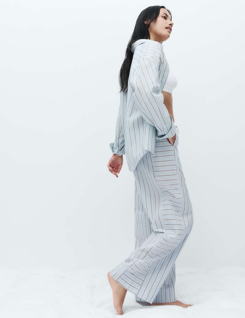 Marks & Spencer M&S Pure Cotton Cambric Striped Pyjama Bottoms Blue Mix - 1