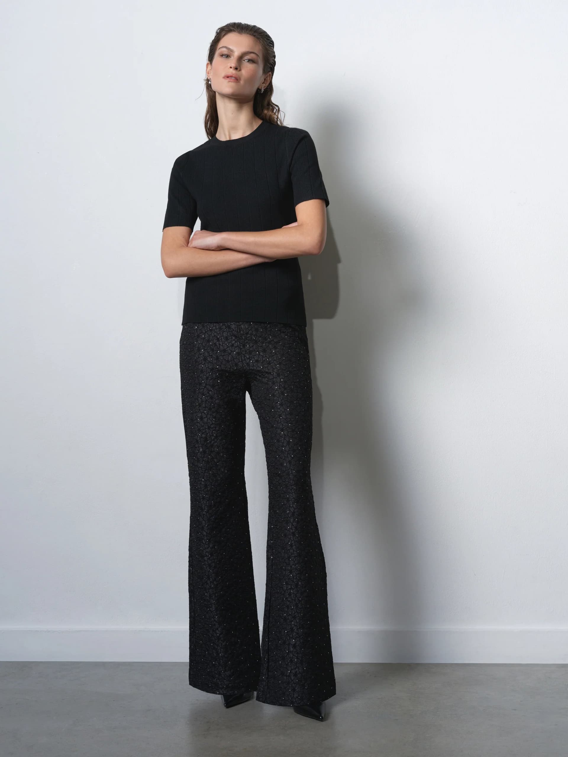 French Connection Yelena Jacquard Diamante Flared Trousers Black