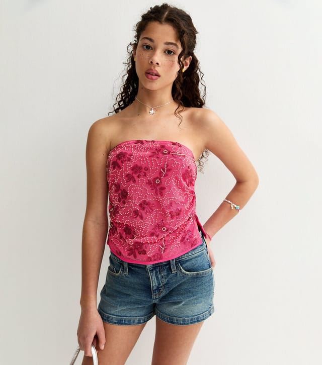 New Look Girls' Bright Pink Mesh Sequin Bandeau Top New Look - 2
