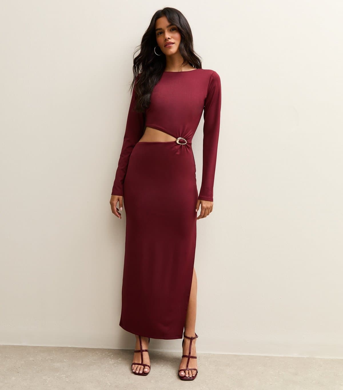 New Look Women's Burgundy Cut Out Buckle Detail Long Sleeve Midi Dress New Look