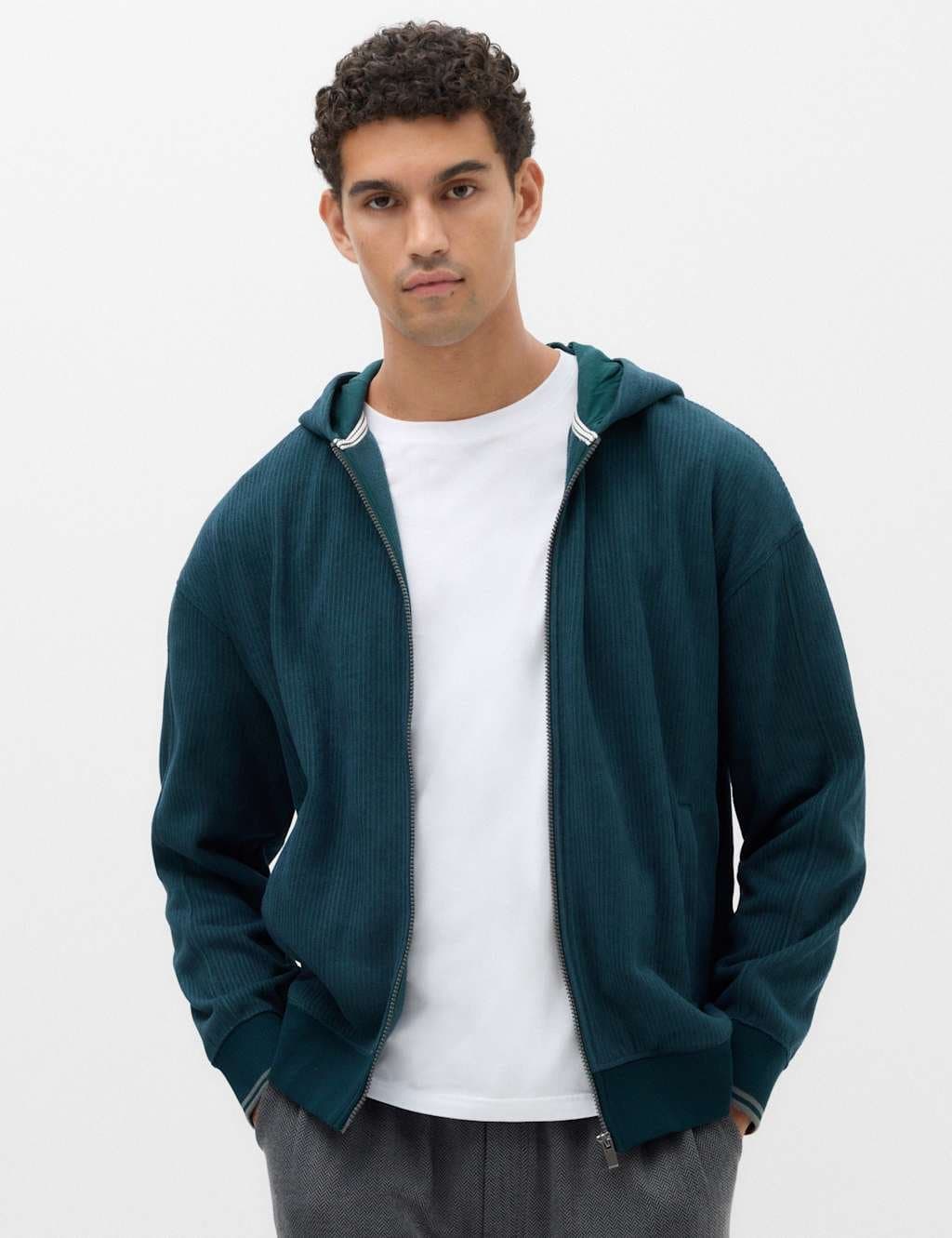 Marks & Spencer M&S Fleece Textured Zip Up Hoodie Dark Kingfisher