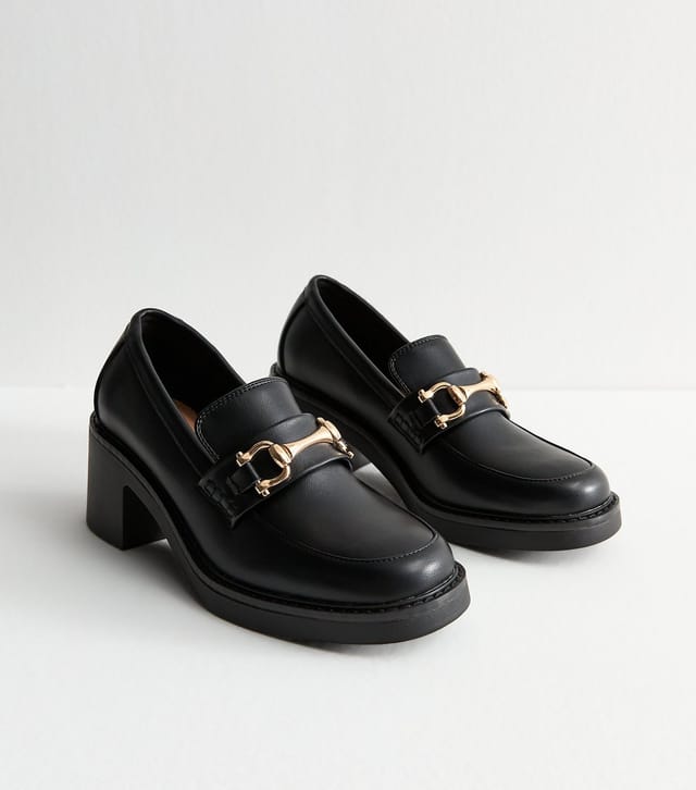 New Look Women's Black Faux Leather Buckle Heeled Loafers Vegan New Look - 2