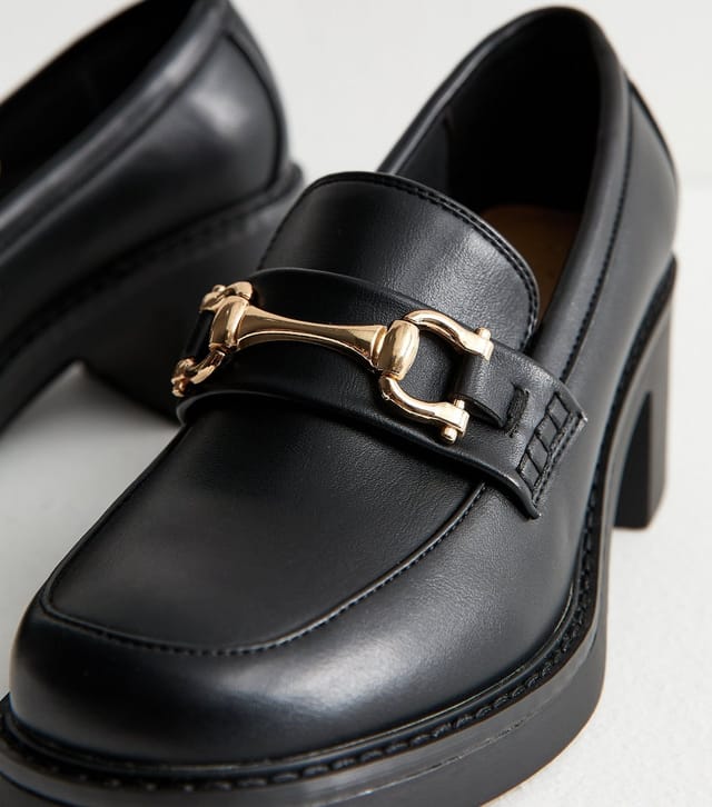 New Look Women's Black Faux Leather Buckle Heeled Loafers Vegan New Look - 3