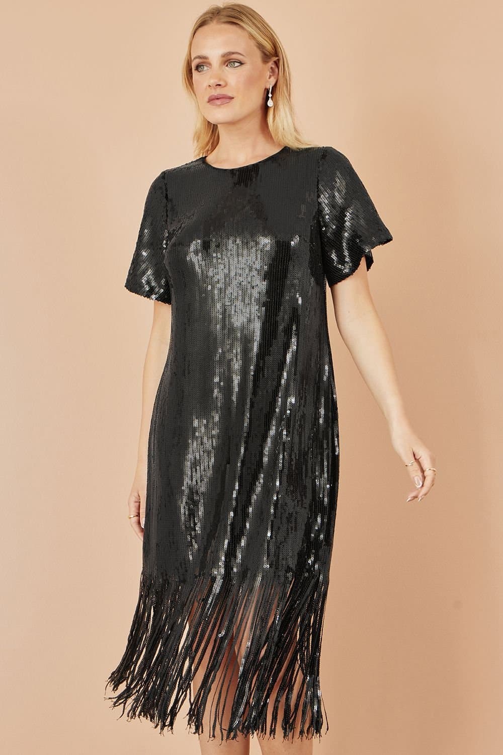 Yumi Yumi Women's Black Sequin Tassels Hem Midi Tunic Dress