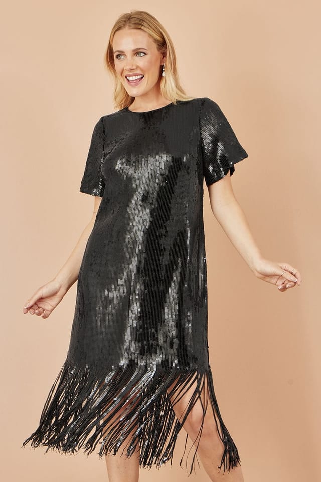 Yumi Yumi Women's Black Sequin Tassels Hem Midi Tunic Dress - 2