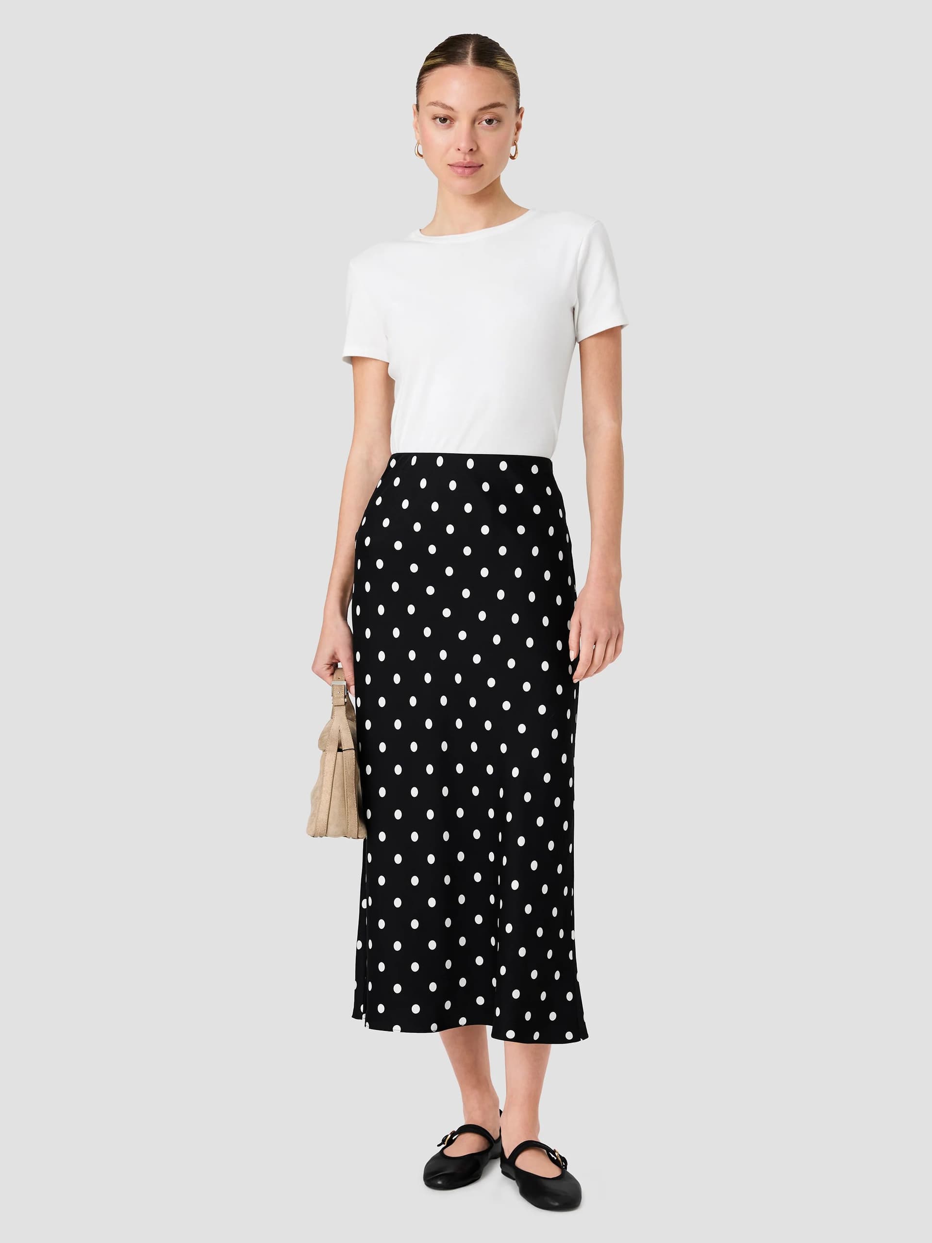 French Connection Ennis Black and White Polka Dot Eco Satin Midi Skirt Black/White