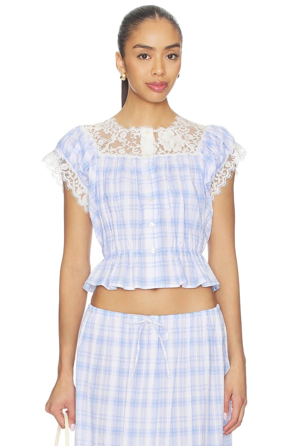 revolve Revolve Lace Trim Button Check Top in Blue Check