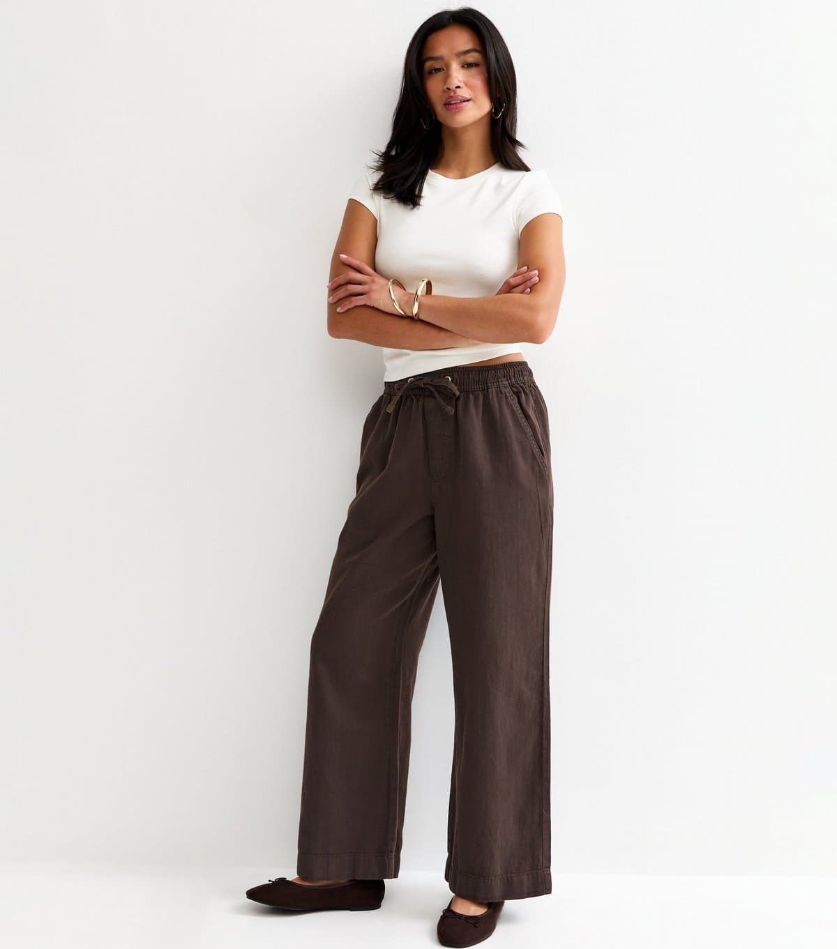 New Look Women's Petite Dark Brown Twill Cotton Wide Leg Trousers New Look