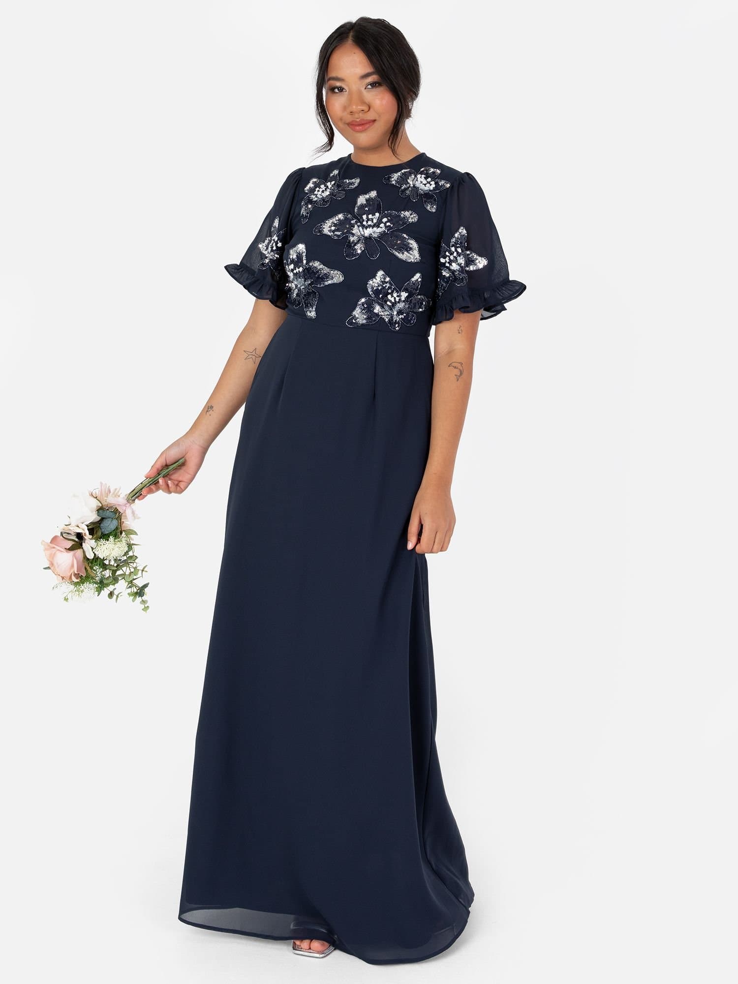 Maya Deluxe Maya Deluxe Women's Embellished Angel Sleeve Chiffon Maxi Dress in Dark Navy