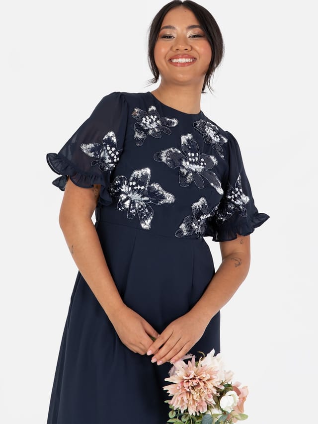 Maya Deluxe Maya Deluxe Women's Embellished Angel Sleeve Chiffon Maxi Dress in Dark Navy - 2