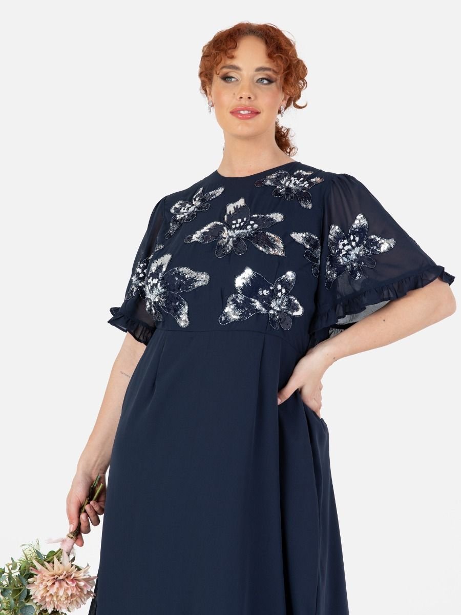 Maya Deluxe Maya Deluxe Women's Embellished Angel Sleeve Chiffon Maxi Dress in Dark Navy - 3