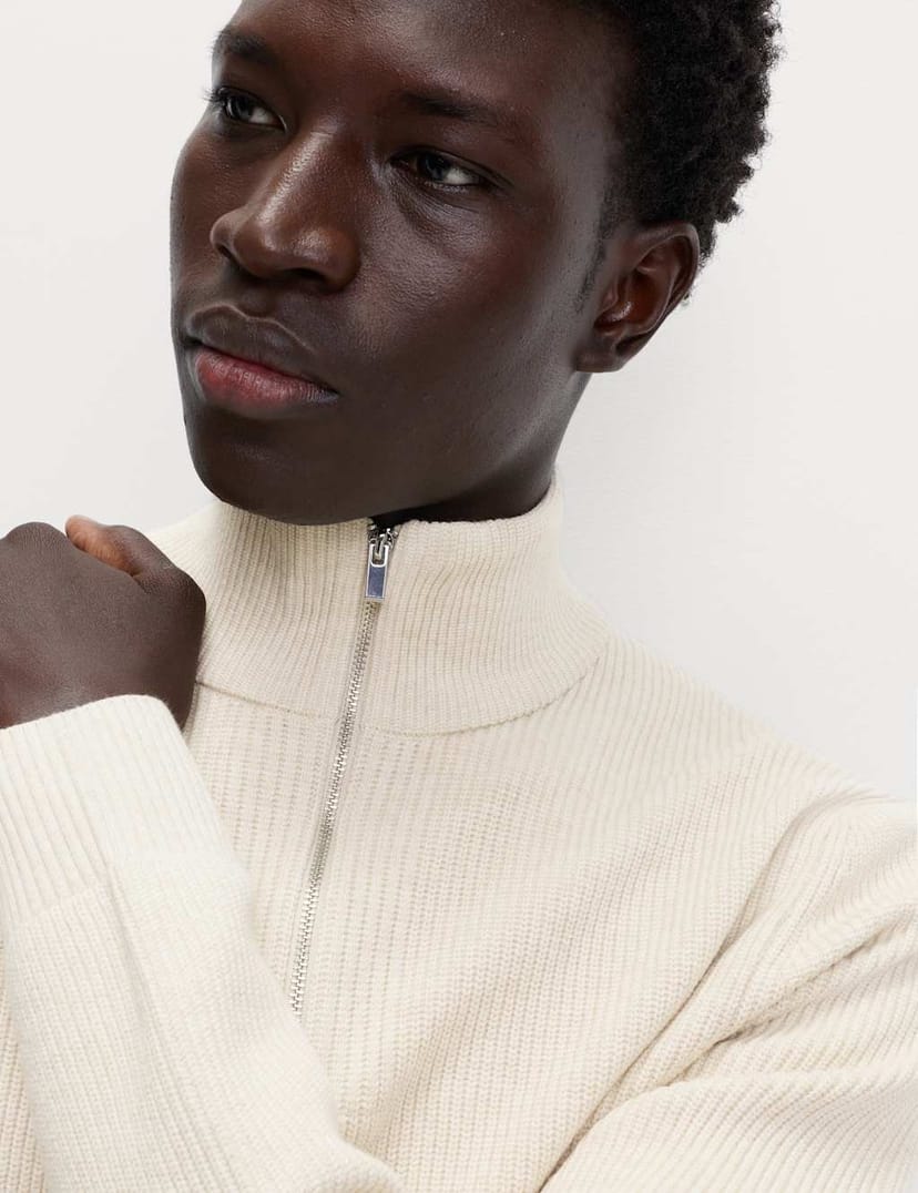 Marks & Spencer M&S Cotton Blend Ribbed Half Zip Jumper Ecru - 1