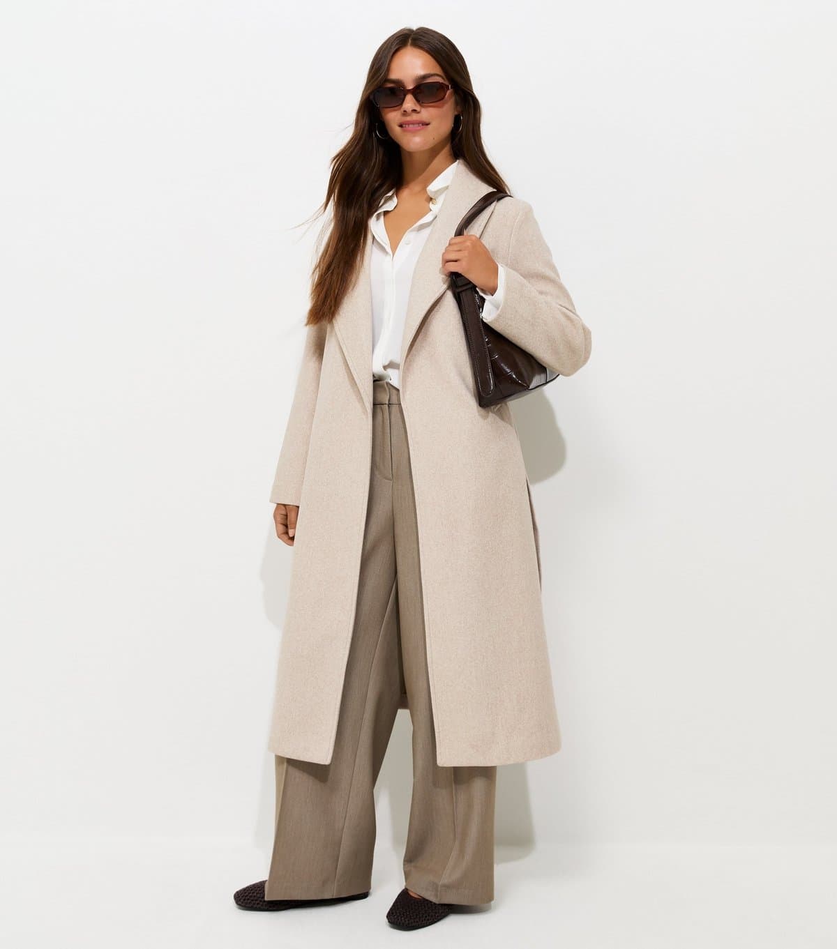 New Look Women's Petite Oatmeal Shawl Collar Belted Coat New Look