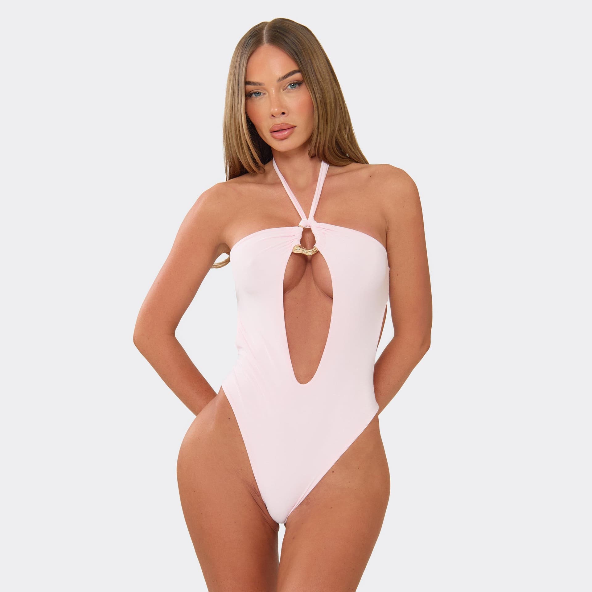 EGO Halterneck Keyhole Cut Out Trim Detail High Leg Swimsuit In Pink, Women's Size UK 6