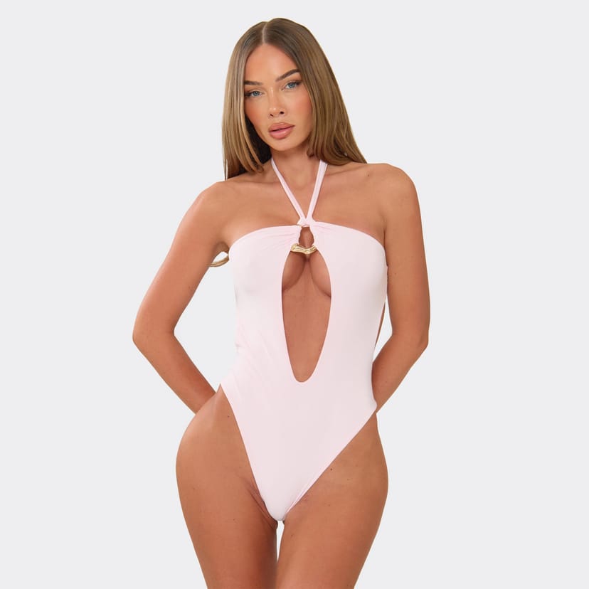 EGO Halterneck Keyhole Cut Out Trim Detail High Leg Swimsuit In Pink, Women's Size UK 6 - 1