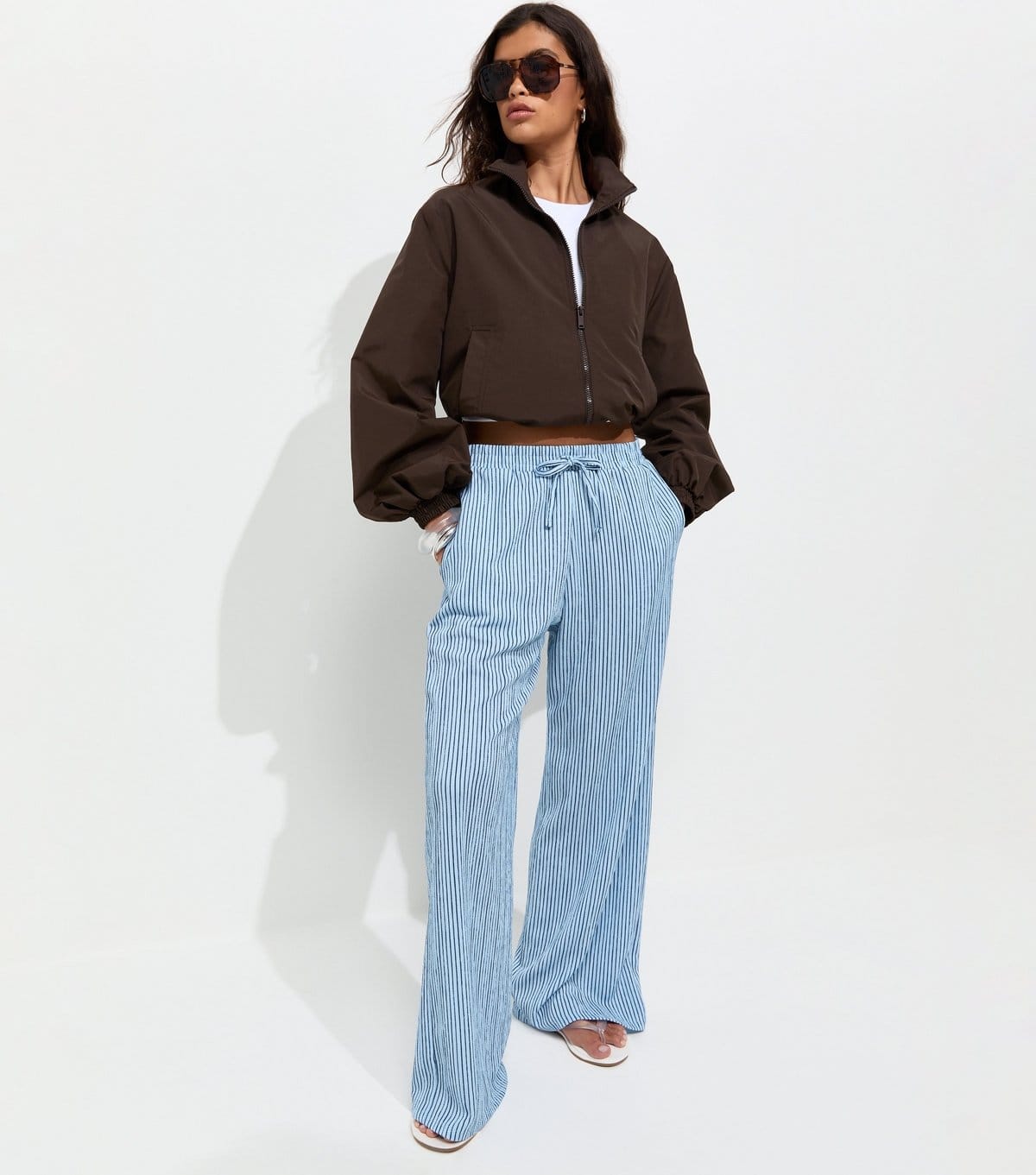 New Look Women's Blue Thin Stripe Crinkle Texture Wide Leg Trousers New Look - 1