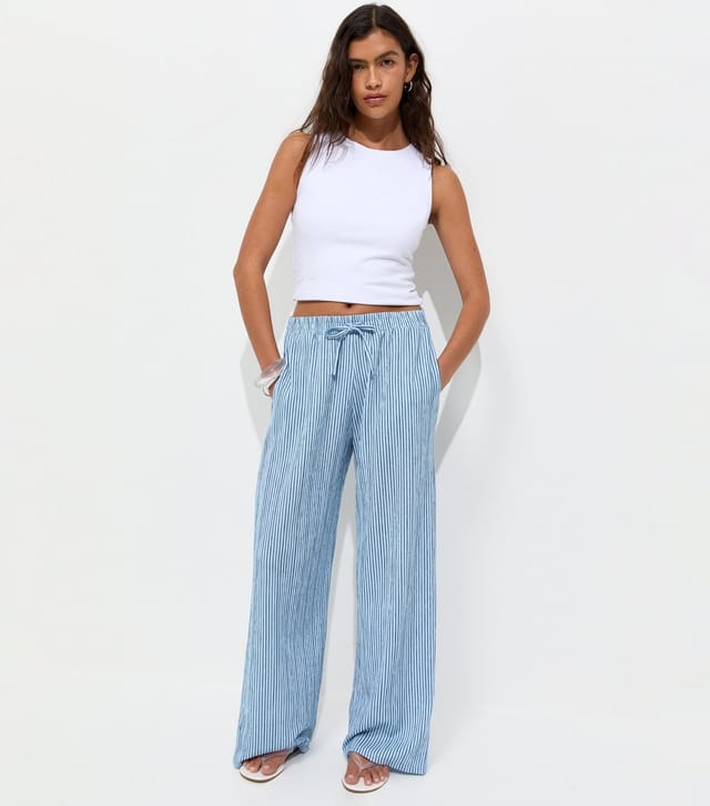New Look Women's Blue Thin Stripe Crinkle Texture Wide Leg Trousers New Look - 2