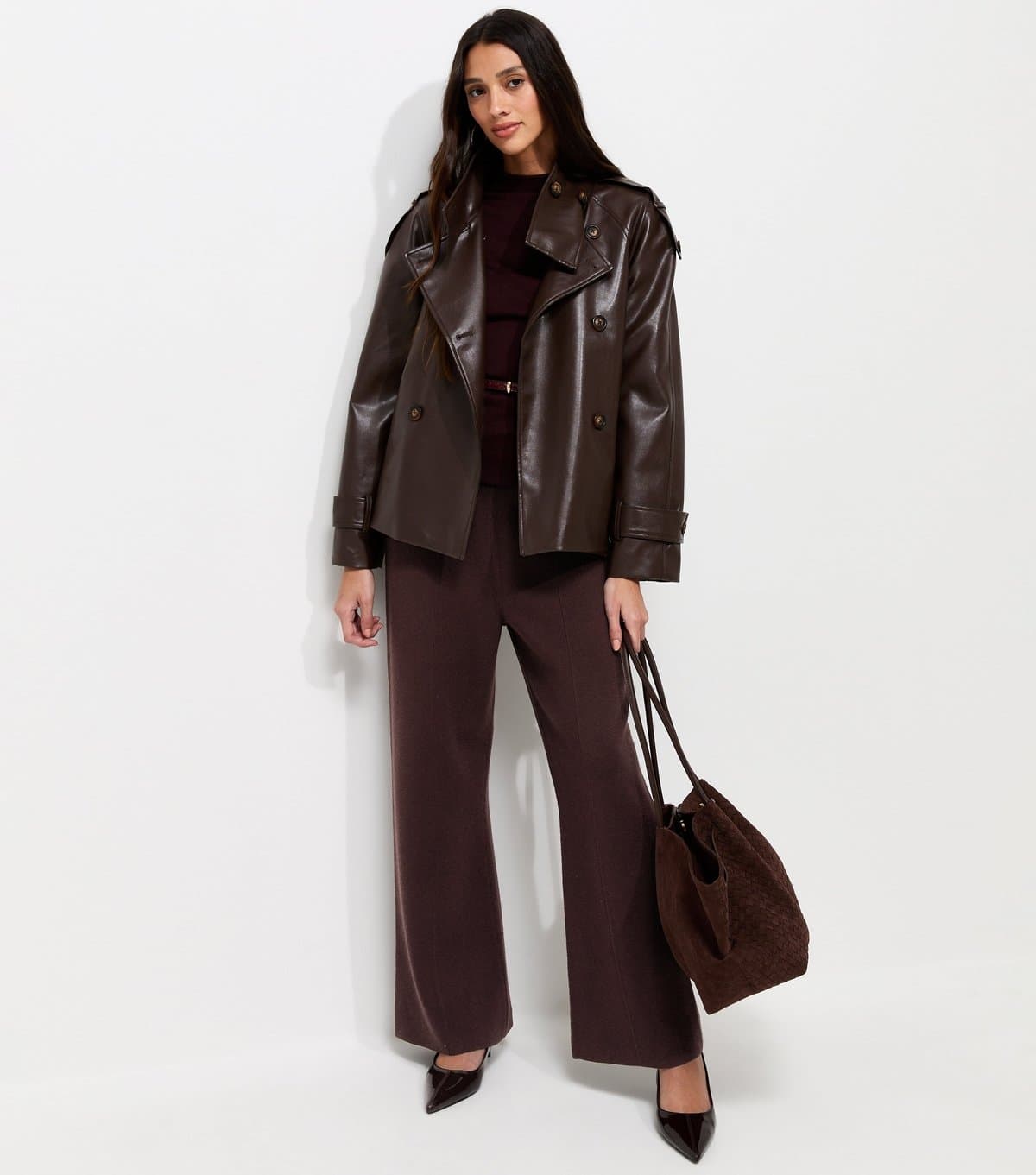 New Look Women's Dark Burgundy Compact Knit Wide Leg Trousers New Look
