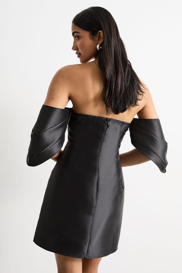 Warehouse Warehouse Women's Structured Puff Sleeve Bardot Mini Dress in Black - 3