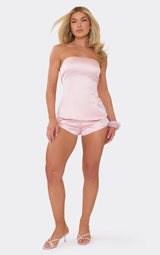 EGO Mid Rise Mini Shorts In Pink Satin, Women's Size UK 6 - 2