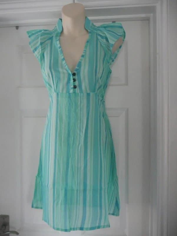 Carbon Carbon Dress Ladies Size 8 Turquoise Green Stripe Cotton Summer Holiday TeaDress