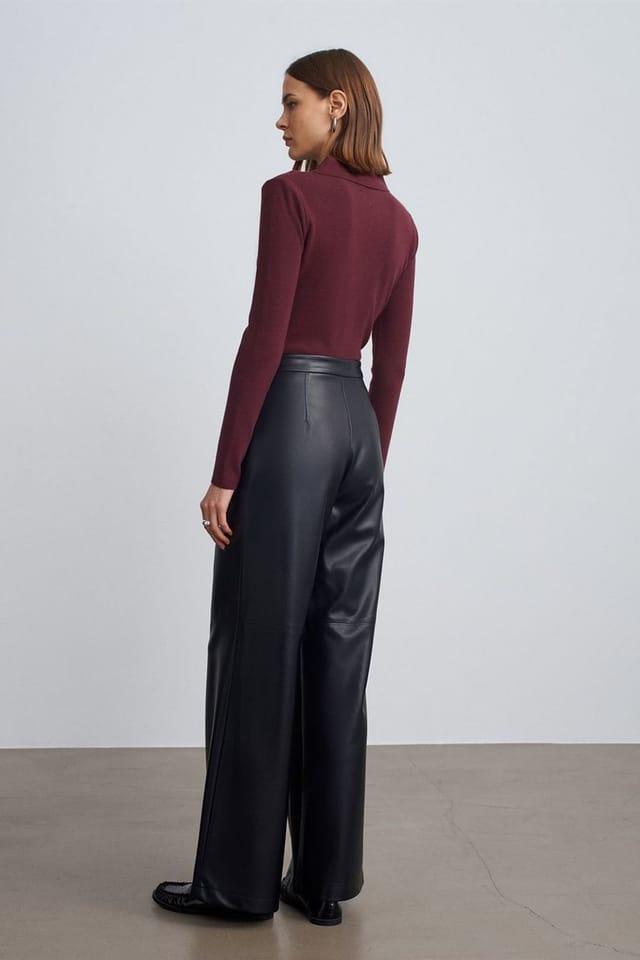 Dilvin Dilvin Women's High-Waist Wide-Leg Faux Leather Trousers in Black - 2