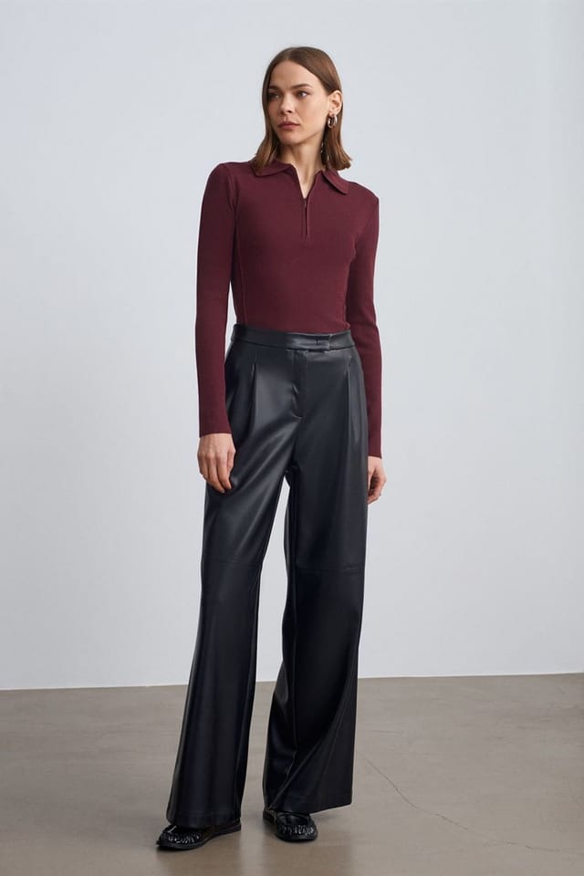 Dilvin Dilvin Women's High-Waist Wide-Leg Faux Leather Trousers in Black - 3